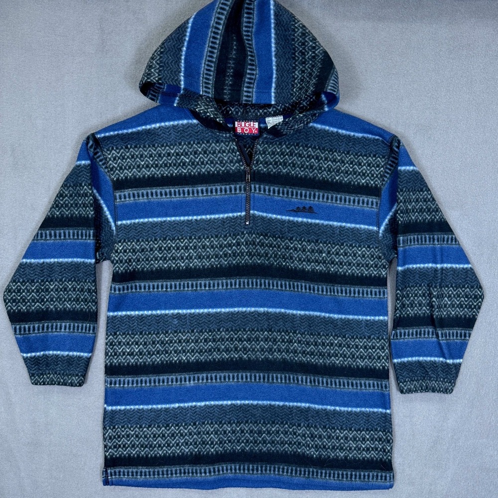 Vintage Bugle Boy Fleece Hoodie 90s Men XL Geometric Stripe Outdoor Pullover